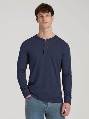 American Tall Three-Button Long Sleeve Slub Henley for Tall Men in Navy Size XLX